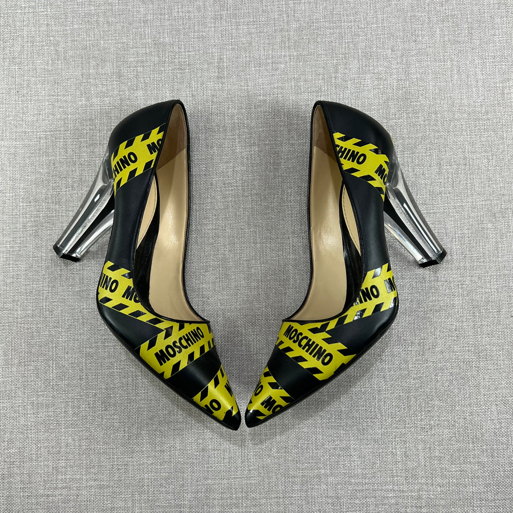 MOSCHINO CAUTION PRINTED LEATHER PUMPS