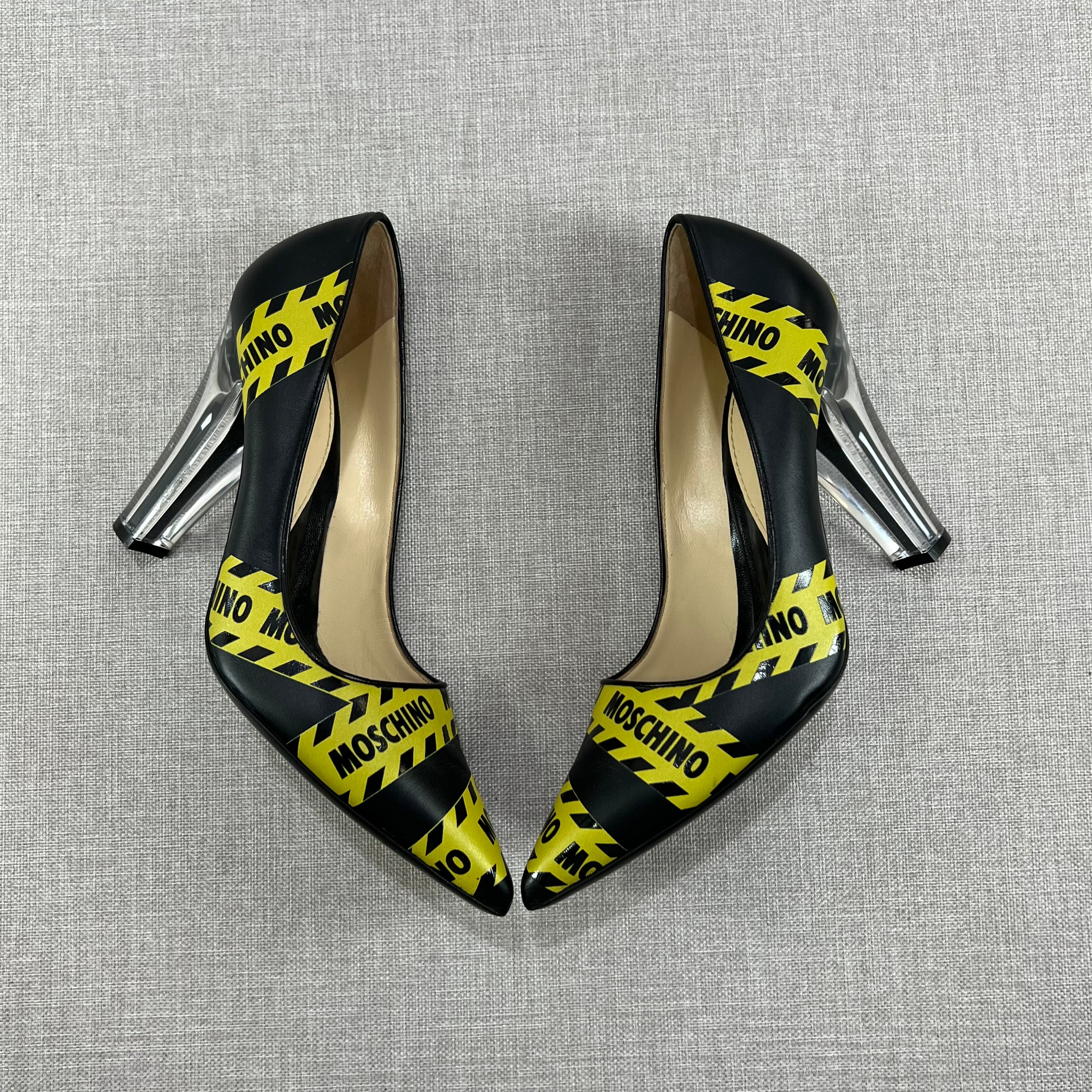 MOSCHINO CAUTION PRINTED LEATHER PUMPS
