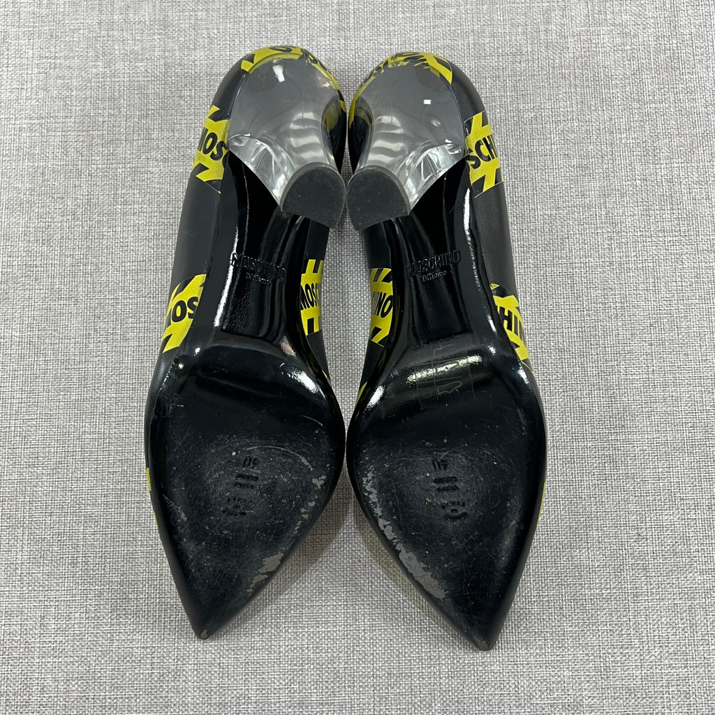 MOSCHINO CAUTION PRINTED LEATHER PUMPS