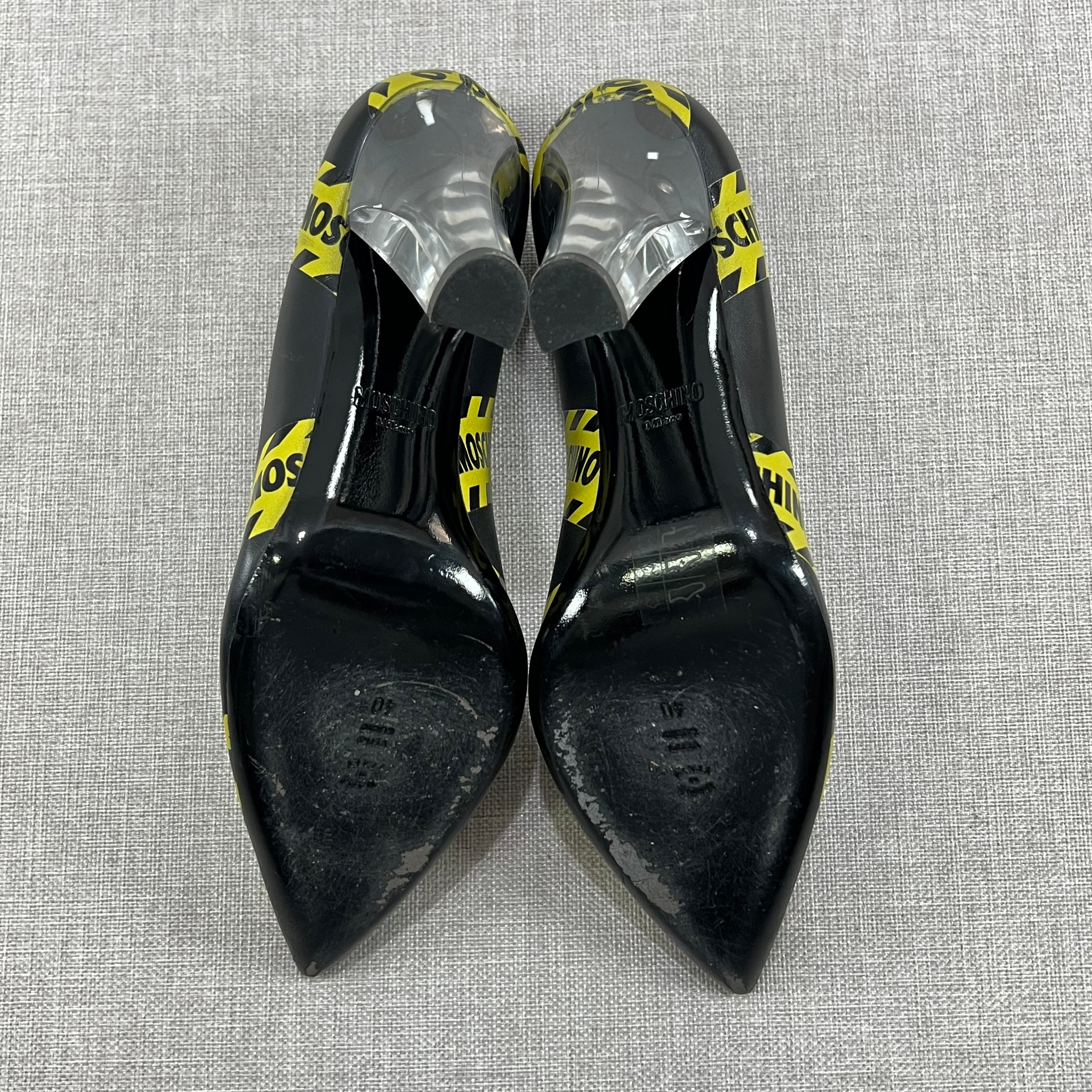 MOSCHINO CAUTION PRINTED LEATHER PUMPS