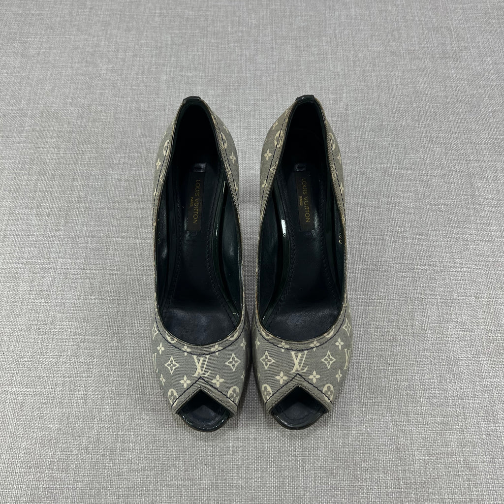 LOUIS VUITTON MINI LIN MONOGRAM PEEP-TOE PUMPS