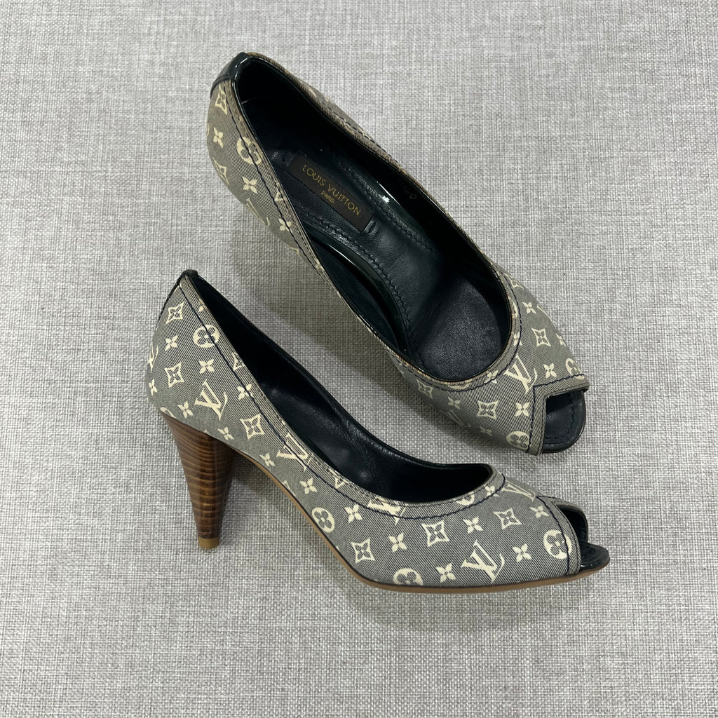 LOUIS VUITTON MINI LIN MONOGRAM PEEP-TOE PUMPS