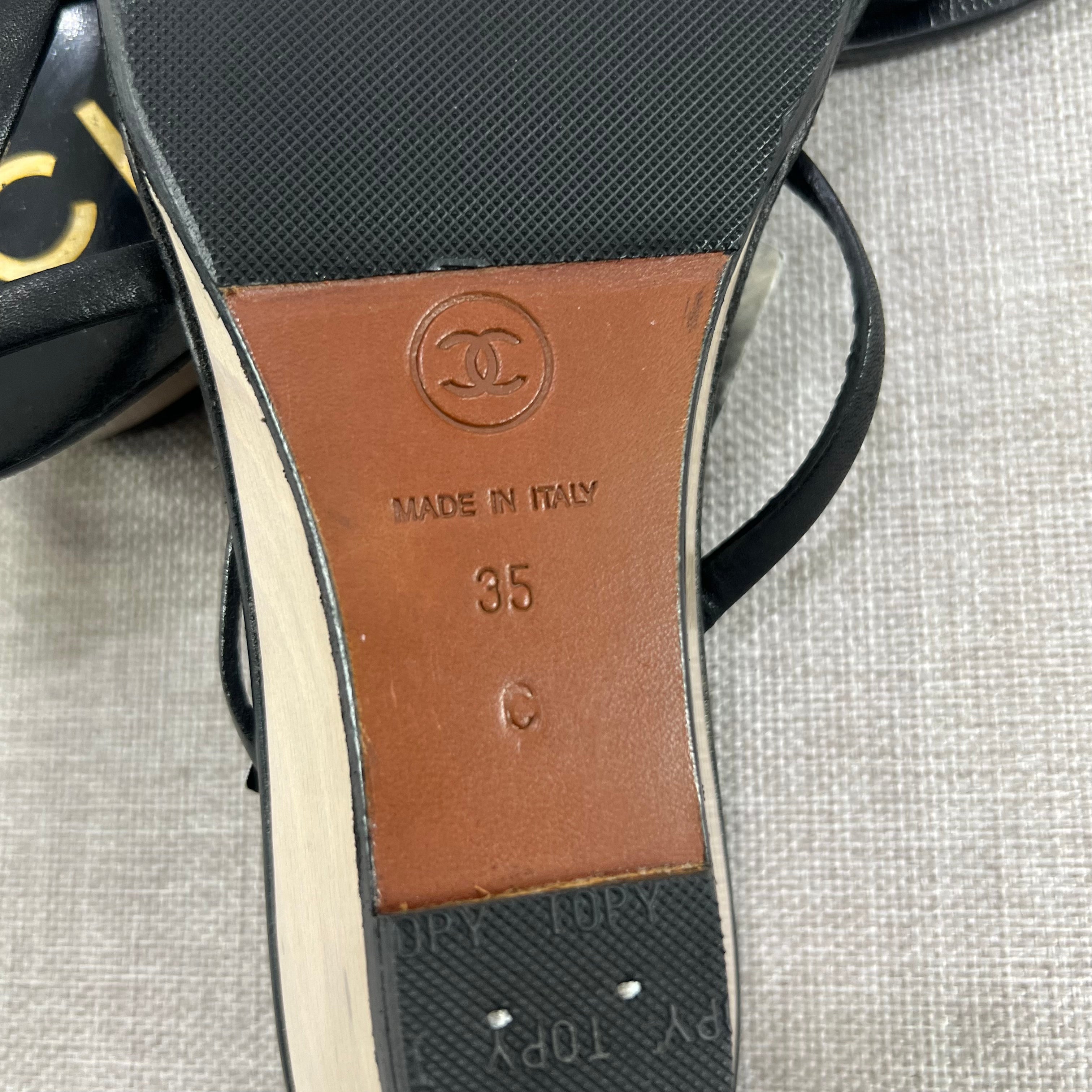CHANEL BLACK LEATHER ANKLE STRAP SANDALS