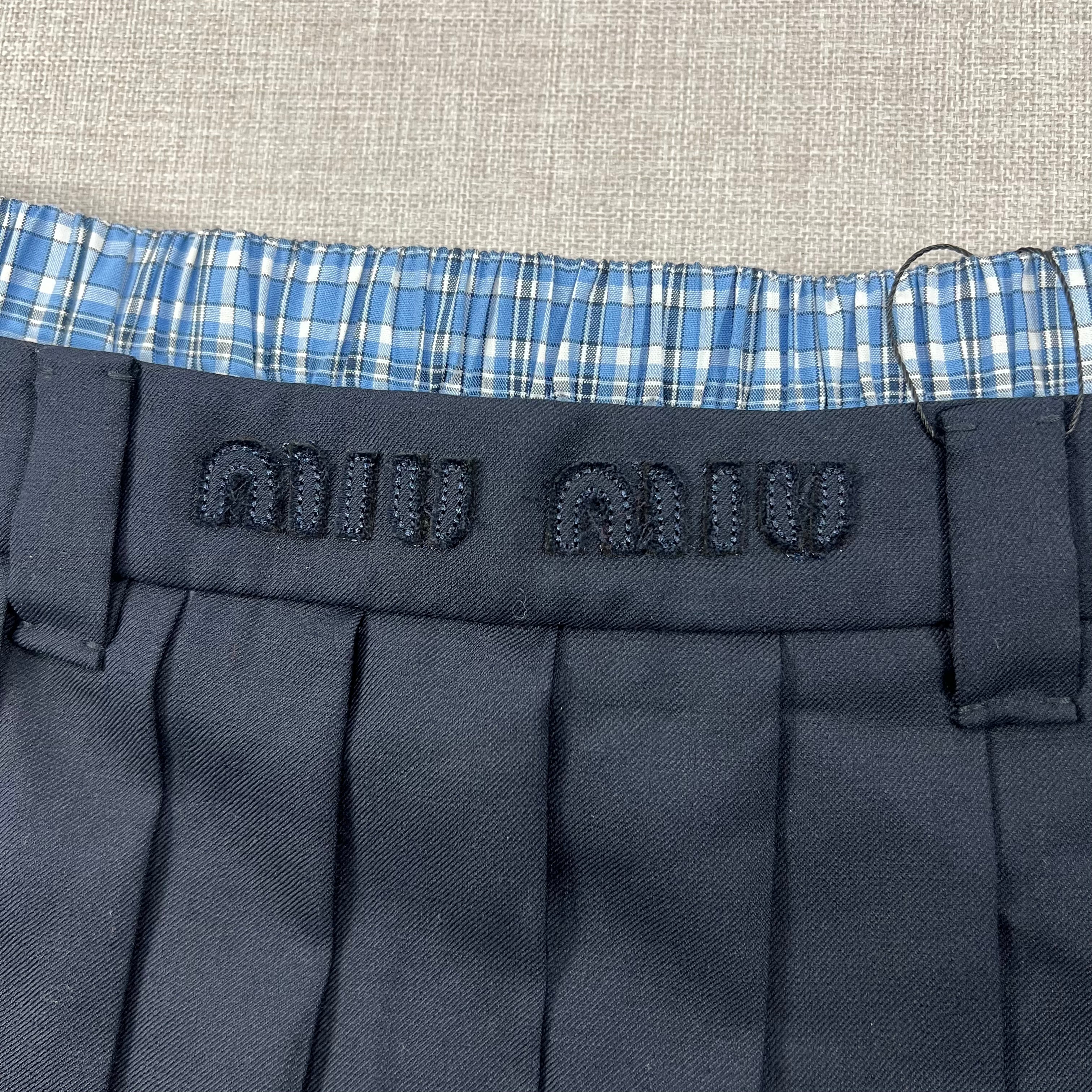 MIU MIU NAVY BLUE PLEATED WOOL MINISKIRT