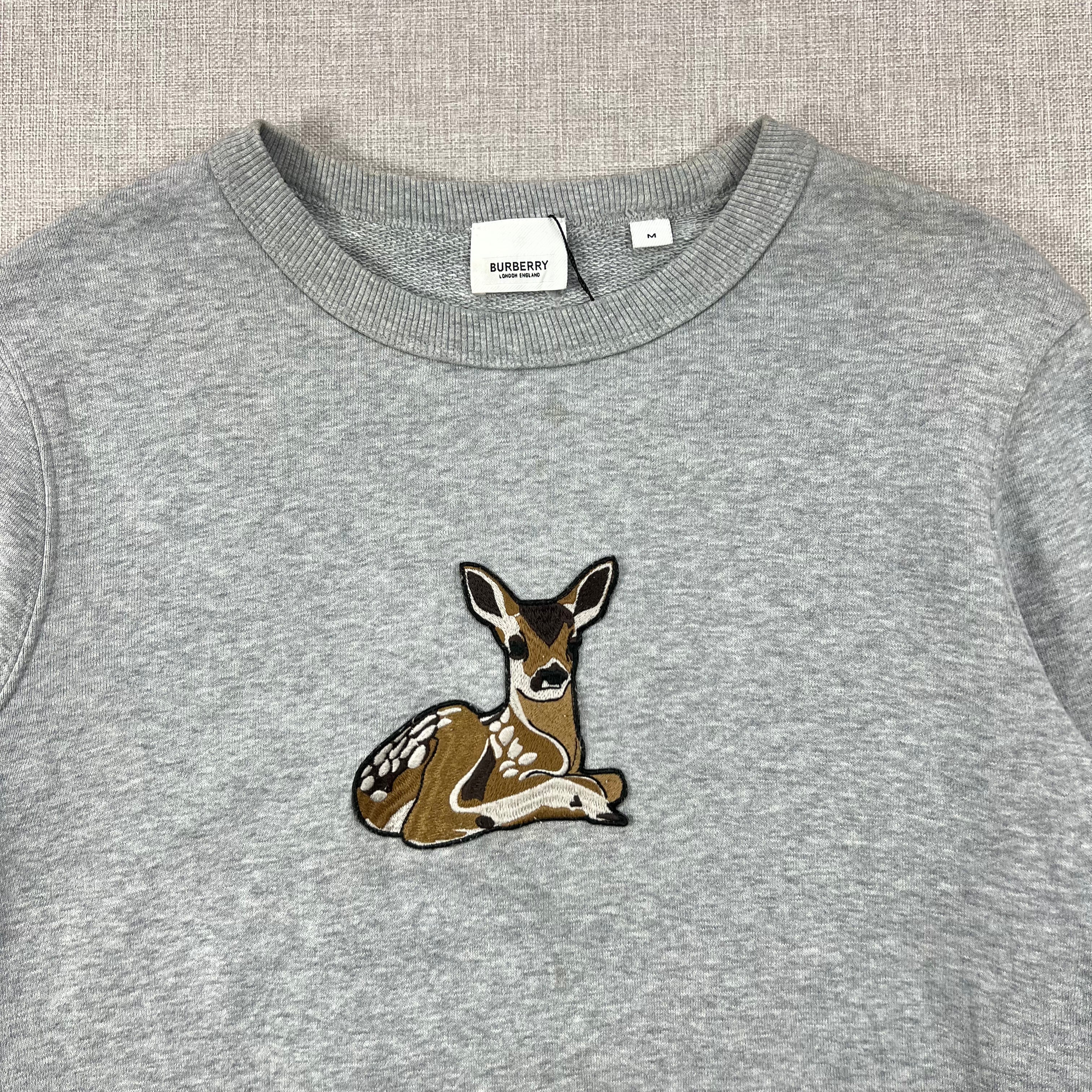 BURBERRY PALE GREY MELANGE DEER-MOTIF CREW NECK JUMPER