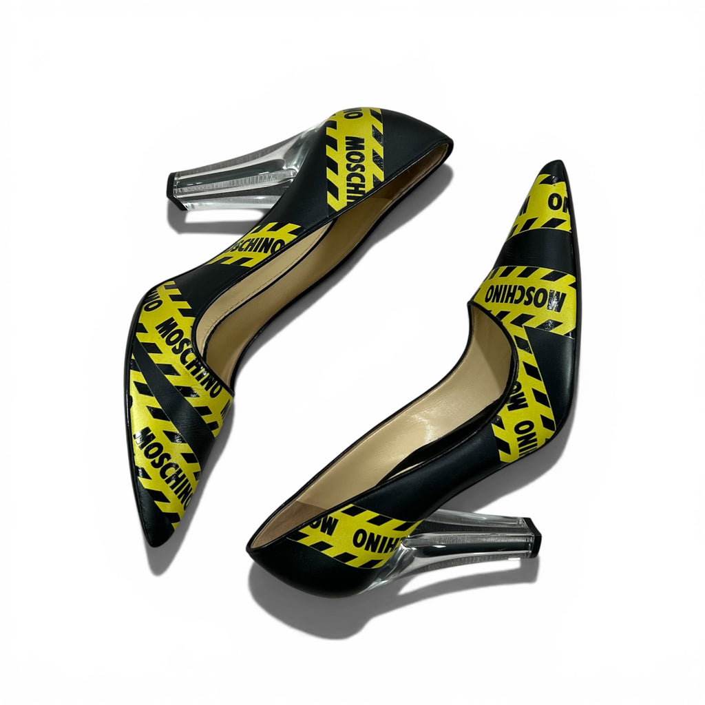 MOSCHINO CAUTION PRINTED LEATHER PUMPS