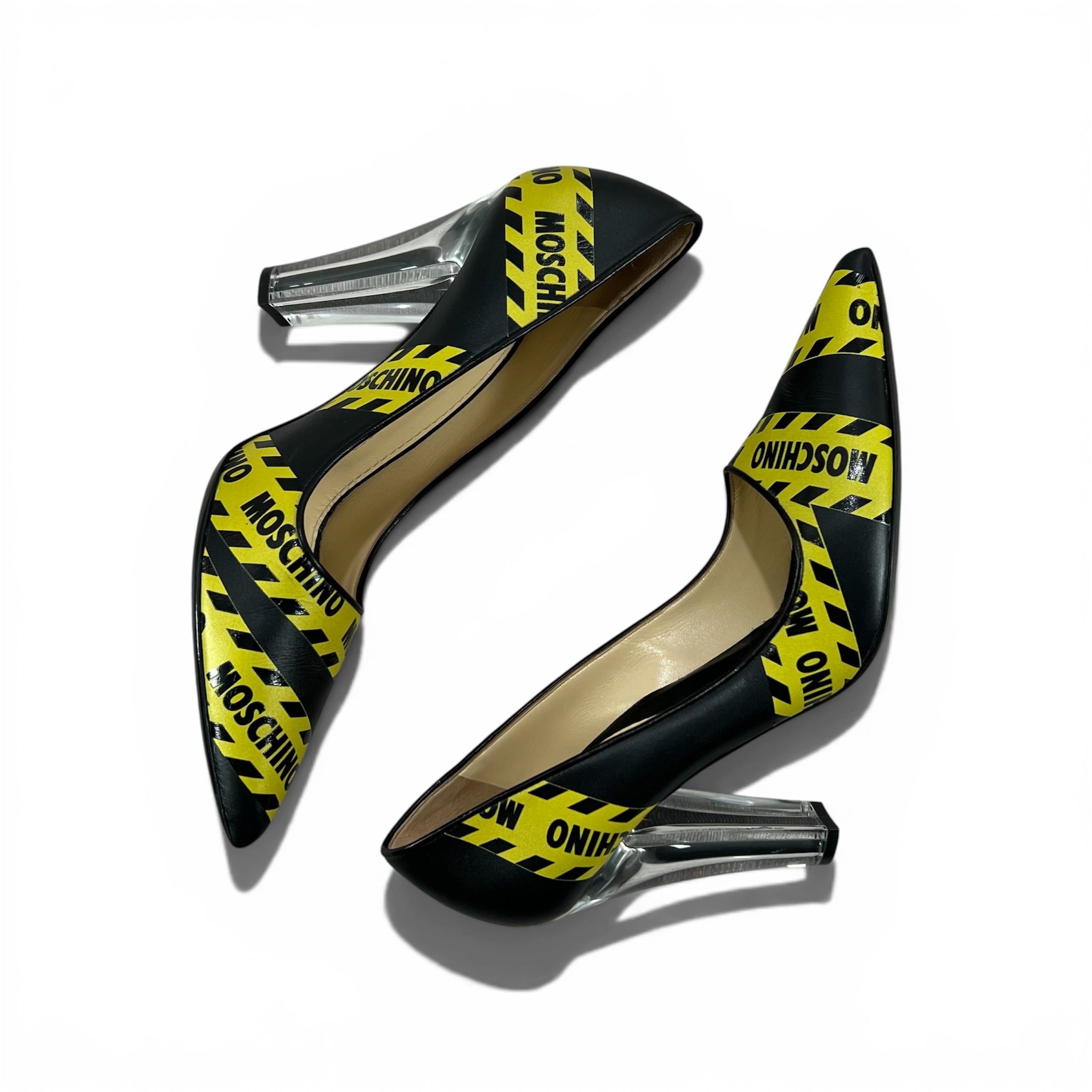 MOSCHINO CAUTION PRINTED LEATHER PUMPS
