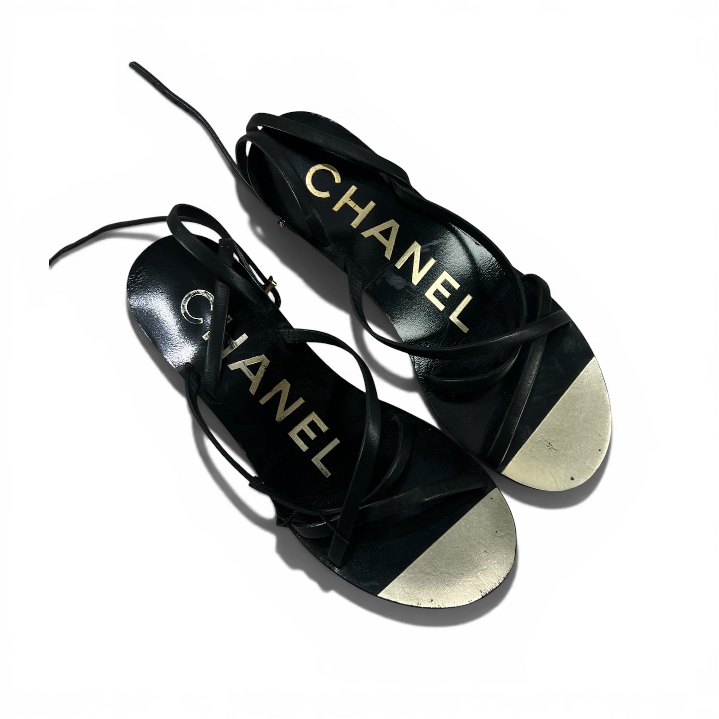 CHANEL BLACK LEATHER ANKLE STRAP SANDALS