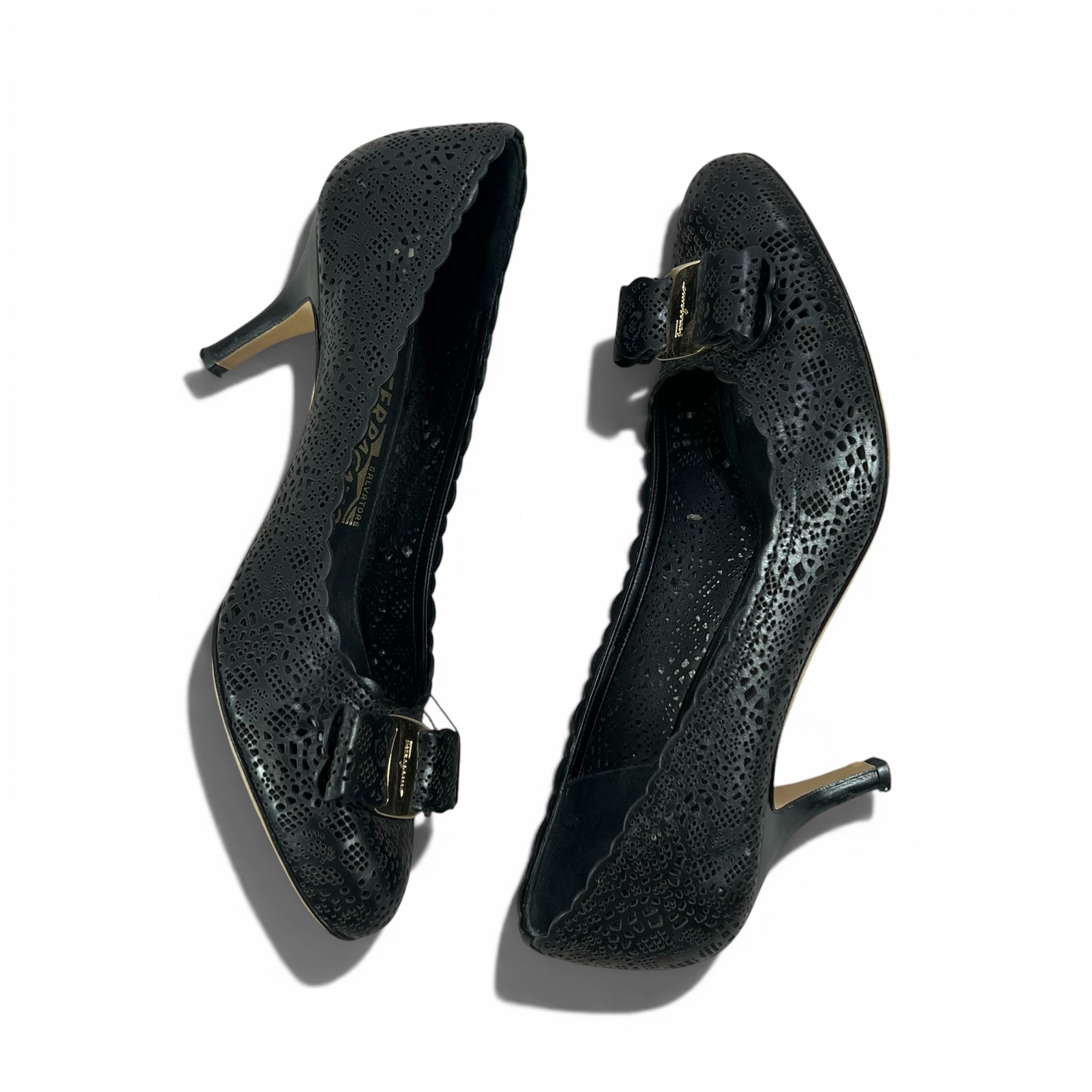 SALVATORE FERRAGAMO BLACK PERFORATED LEATHER PUMPS