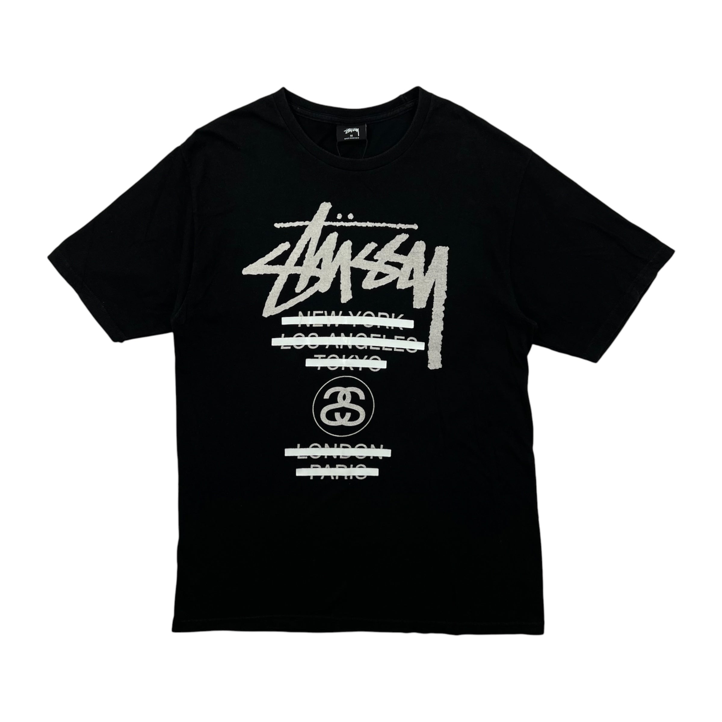 STUSSY WORLD TOUR TEE CROSSED-OUT CITY NAMES