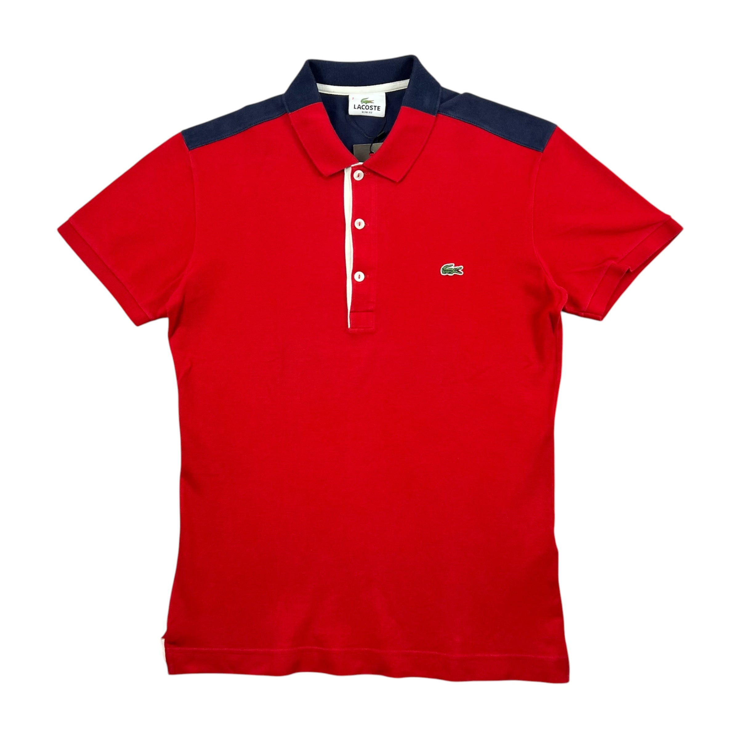 LACOSTE P/S WITH CONTRASTING NAVY BLUE SHOULDER PANELS