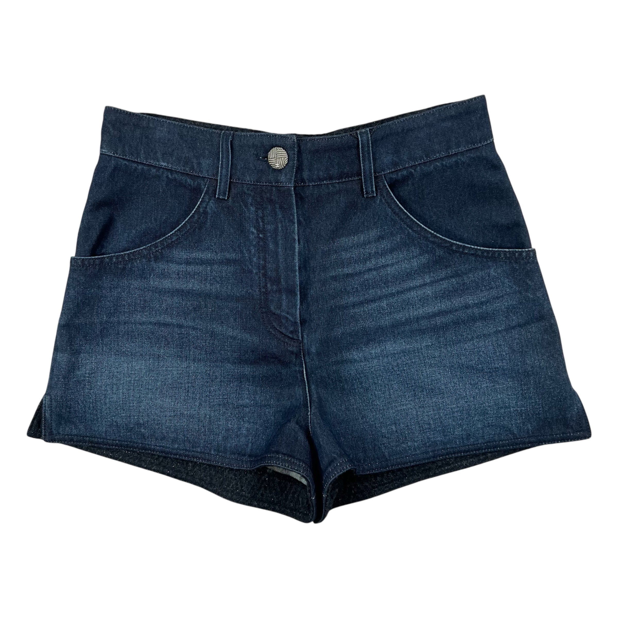 CHANEL DENIM SHORT FEATURE A SIGNATURE COCOMARK BUTTON