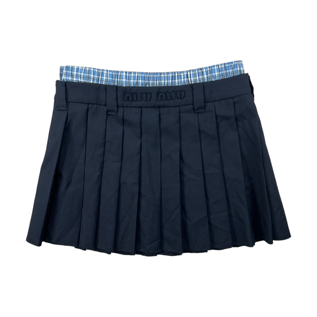 MIU MIU NAVY BLUE PLEATED WOOL MINISKIRT