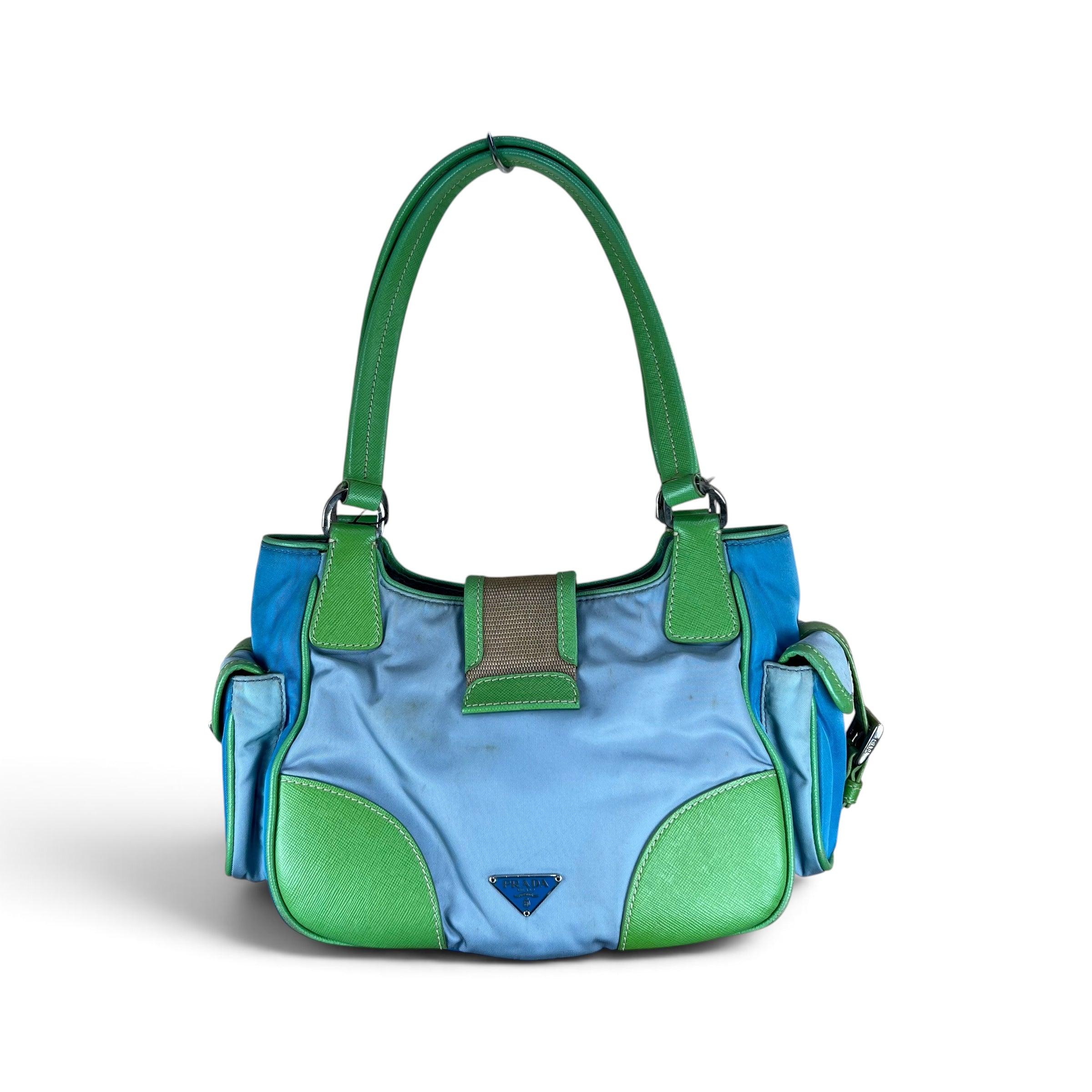 PRADA SHOULDER BAG TWO POCKETS TOTE GREEN NYLON CANVAS