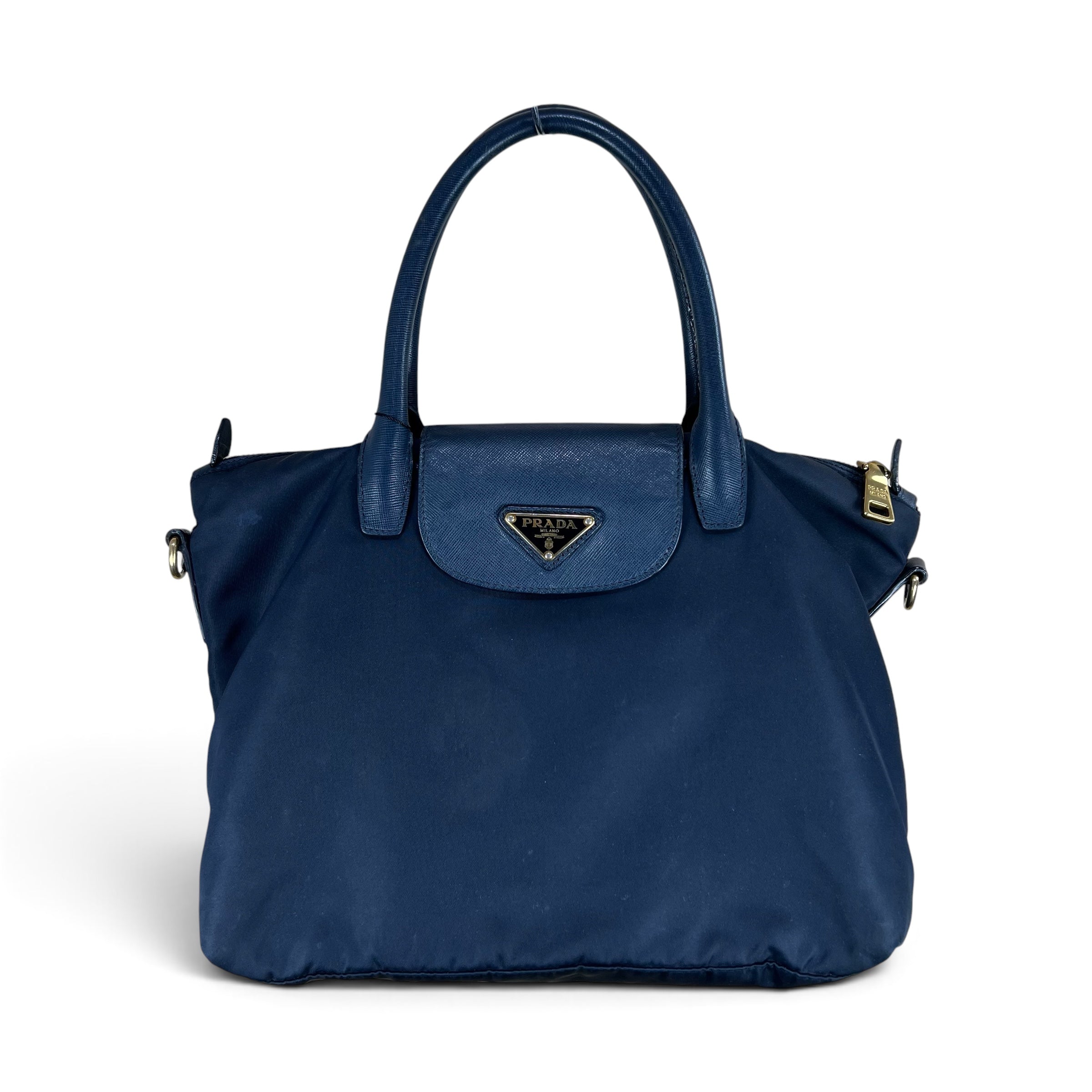 PRADA TESSUTO NYLON TOTE BLUE SAFFIANO LEATHER FLAP